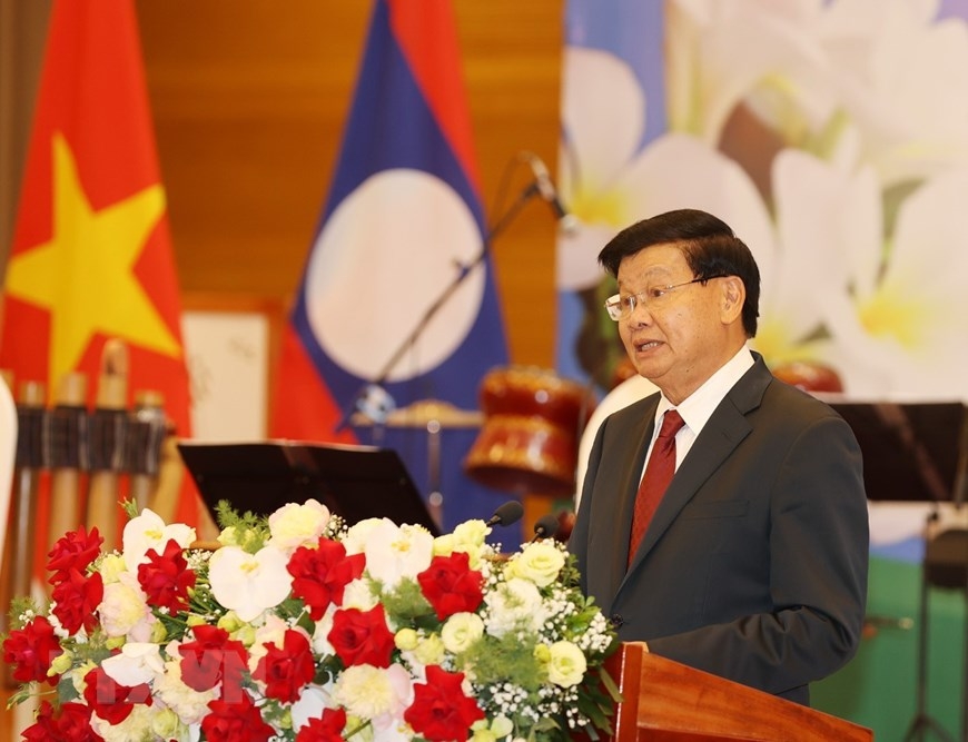 Tổng Bí thư, Chủ tịch nước Lào Thongloun Sisoulith đọc Diễn văn đáp từ. (Nguồn: TTXVN)